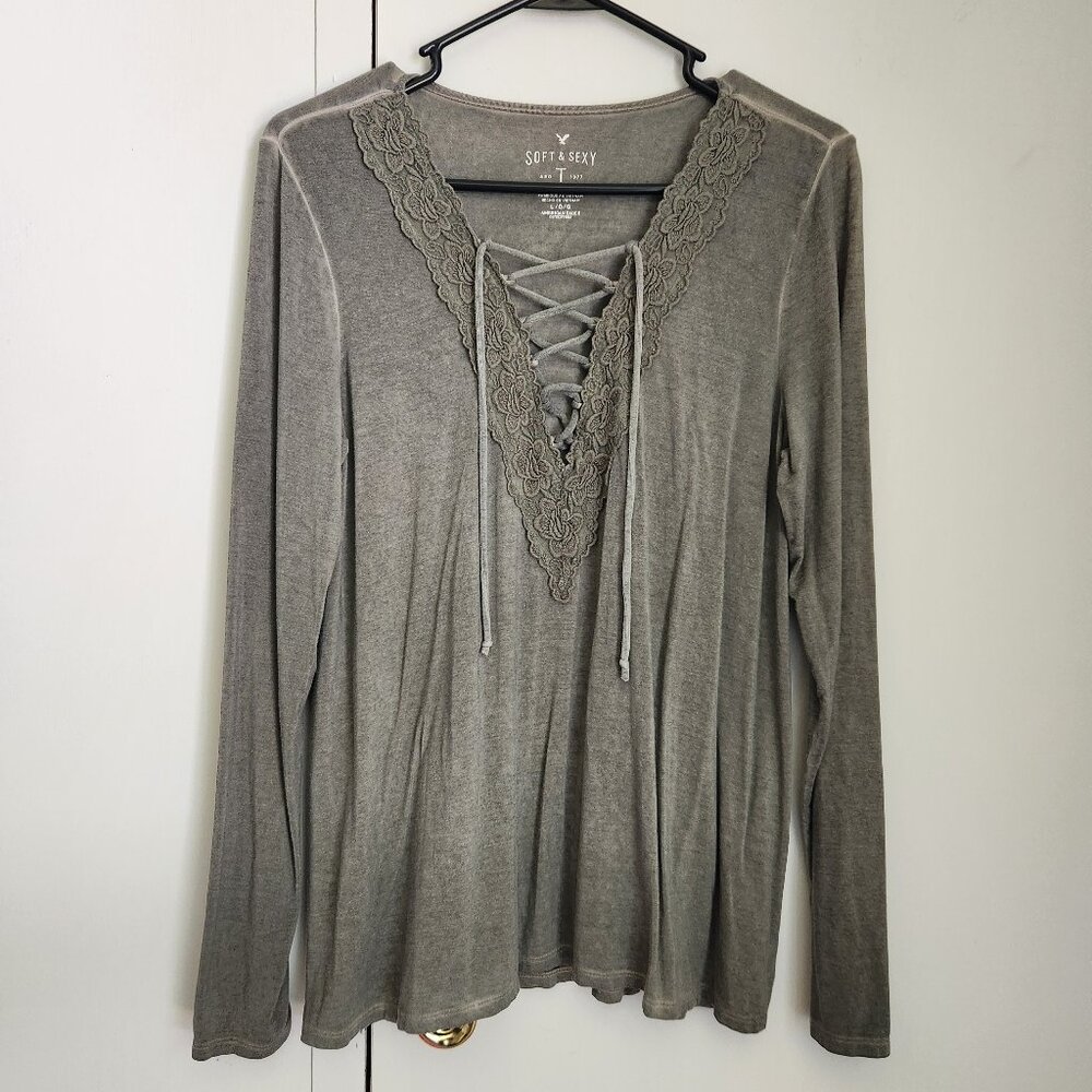 AEO American Eagle Outfitters Soft and Sexy Green/Gray Long Sleeve Shirt Large
